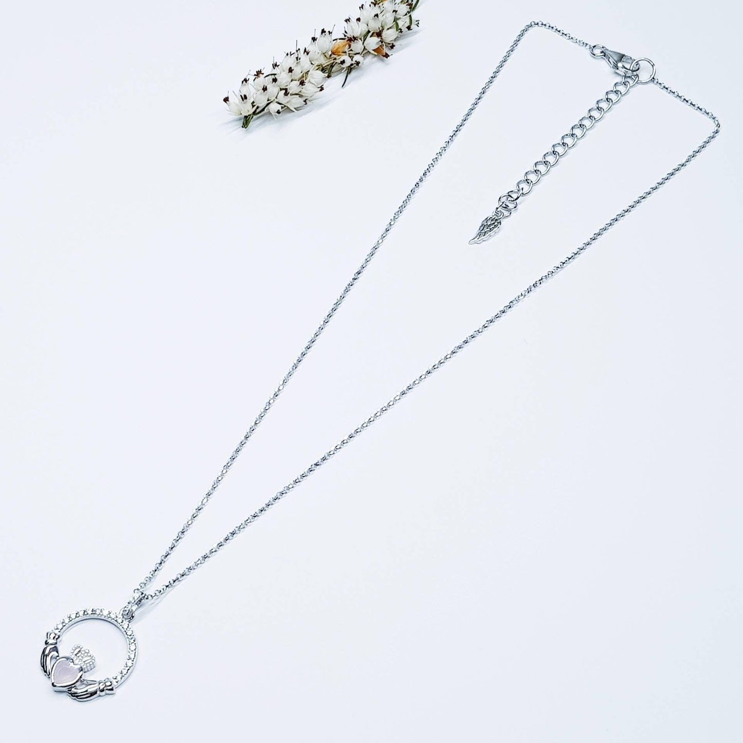 Sterling Silver Claddagh pendant, claddagh necklace, Pink Claddagh chain from Ireland