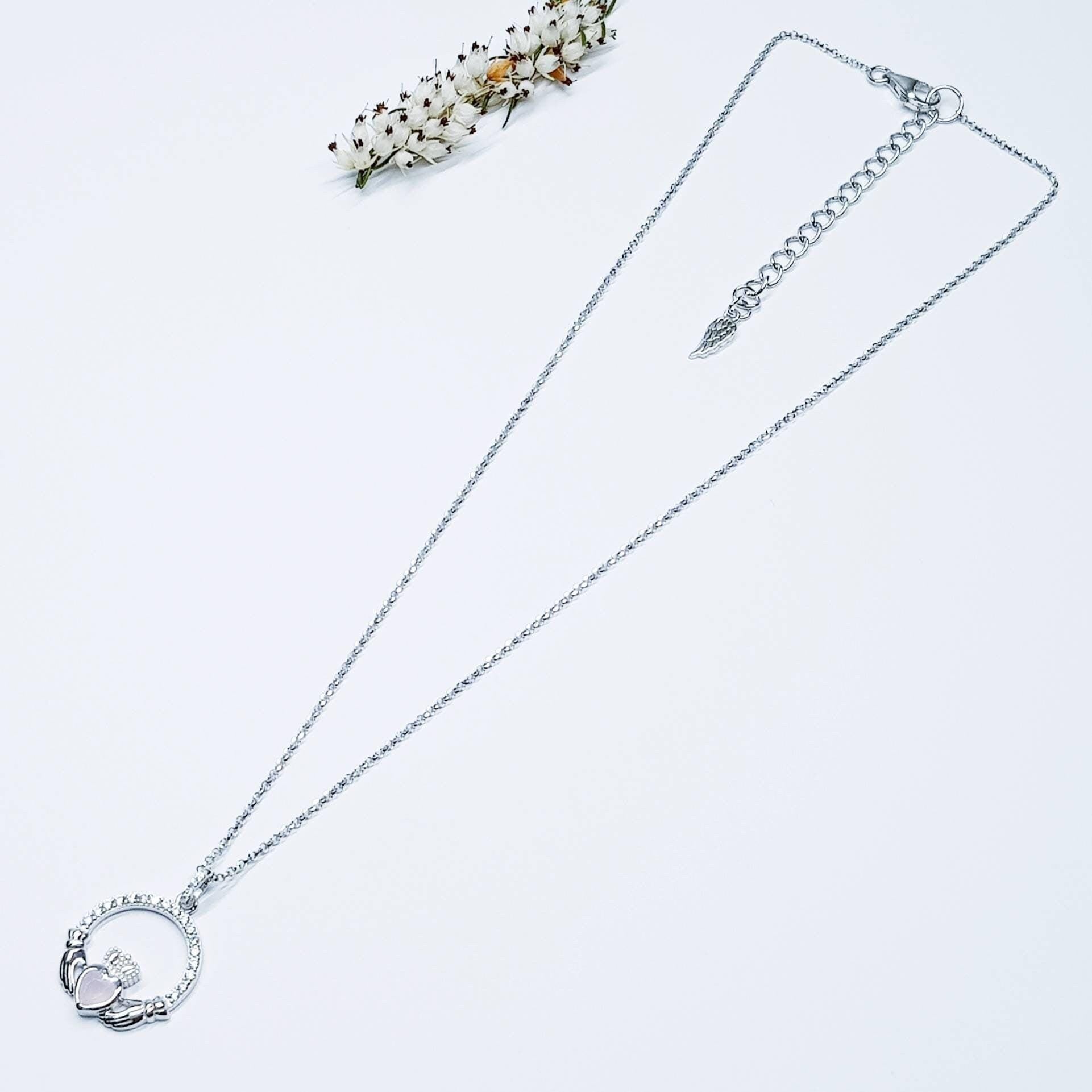 Sterling Silver Claddagh pendant, claddagh necklace, Pink Claddagh chain from Ireland