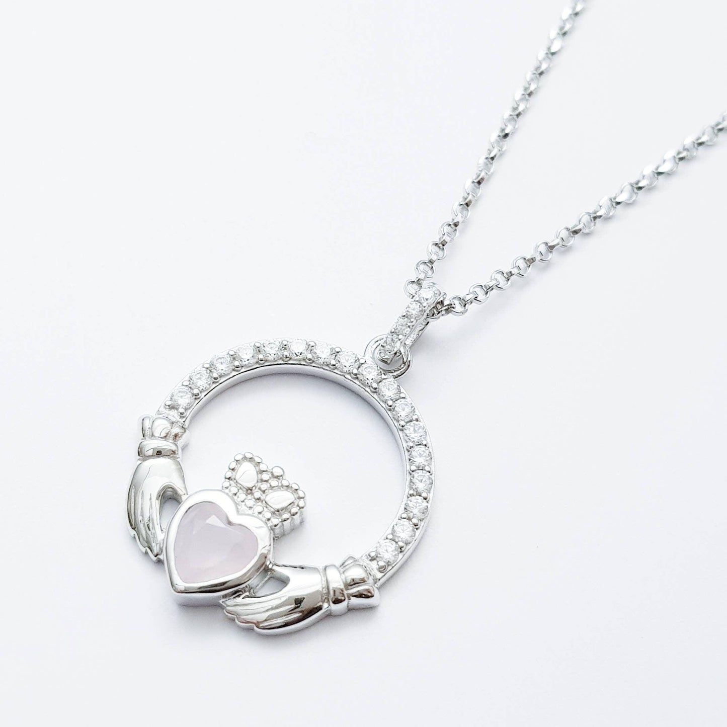 Sterling Silver Claddagh pendant, claddagh necklace, Pink Claddagh chain from Ireland