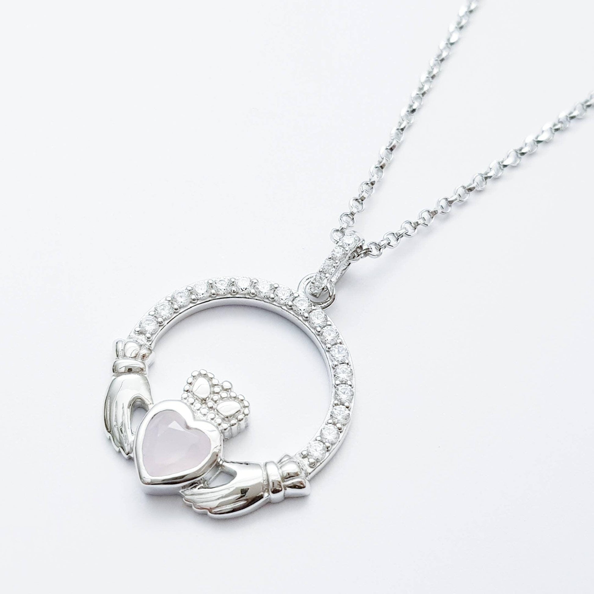 Sterling Silver Claddagh pendant, claddagh necklace, Pink Claddagh chain from Ireland