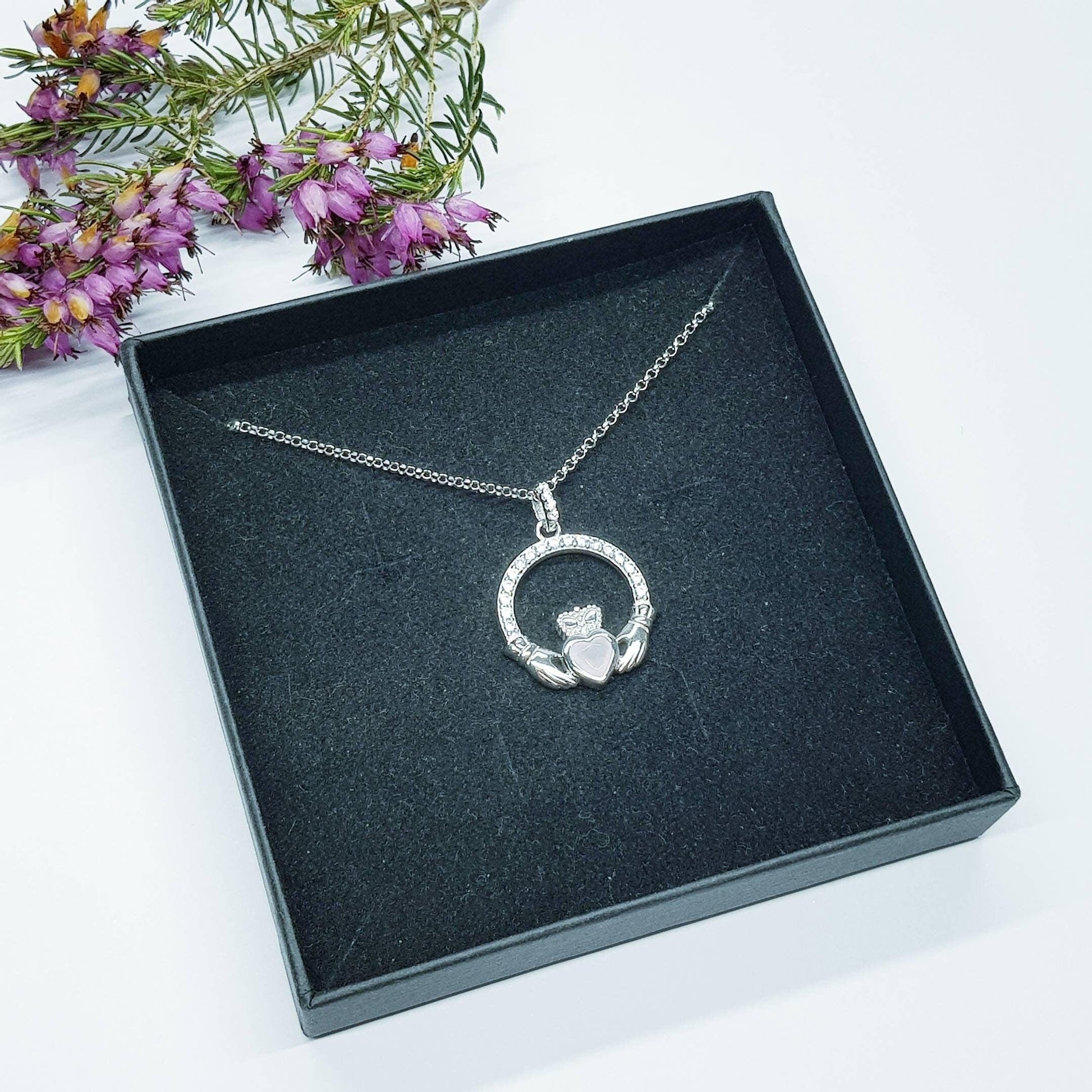 Sterling Silver Claddagh pendant, claddagh necklace, Pink Claddagh chain from Ireland