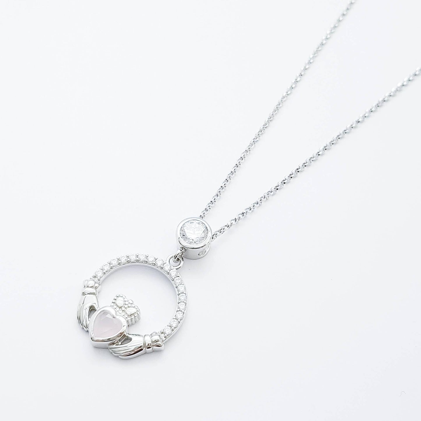 Sterling Silver Claddagh pendant, claddagh necklace, Pink Claddagh chain from Ireland