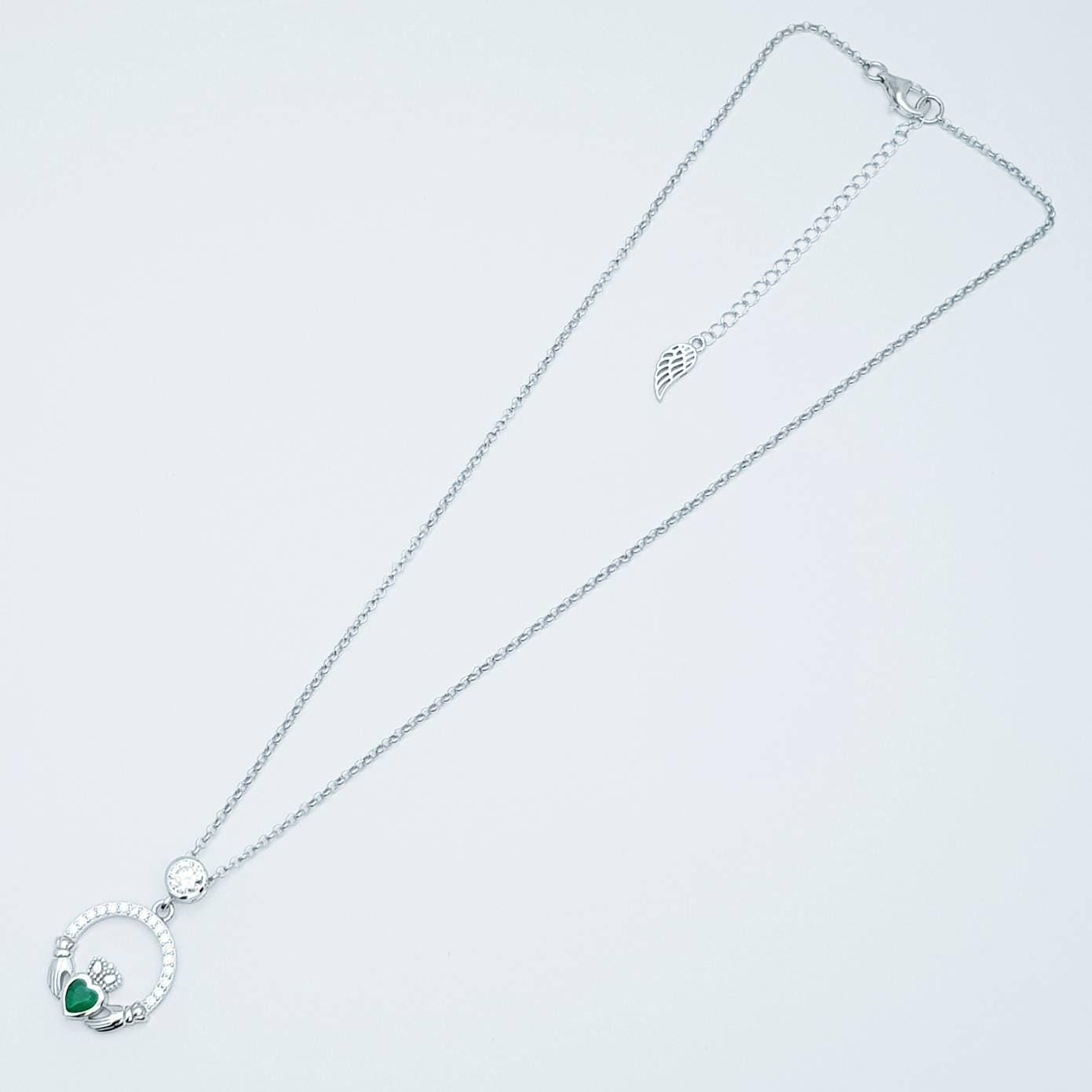 Sterling silver claddagh necklace with emerald green heart shaped stone