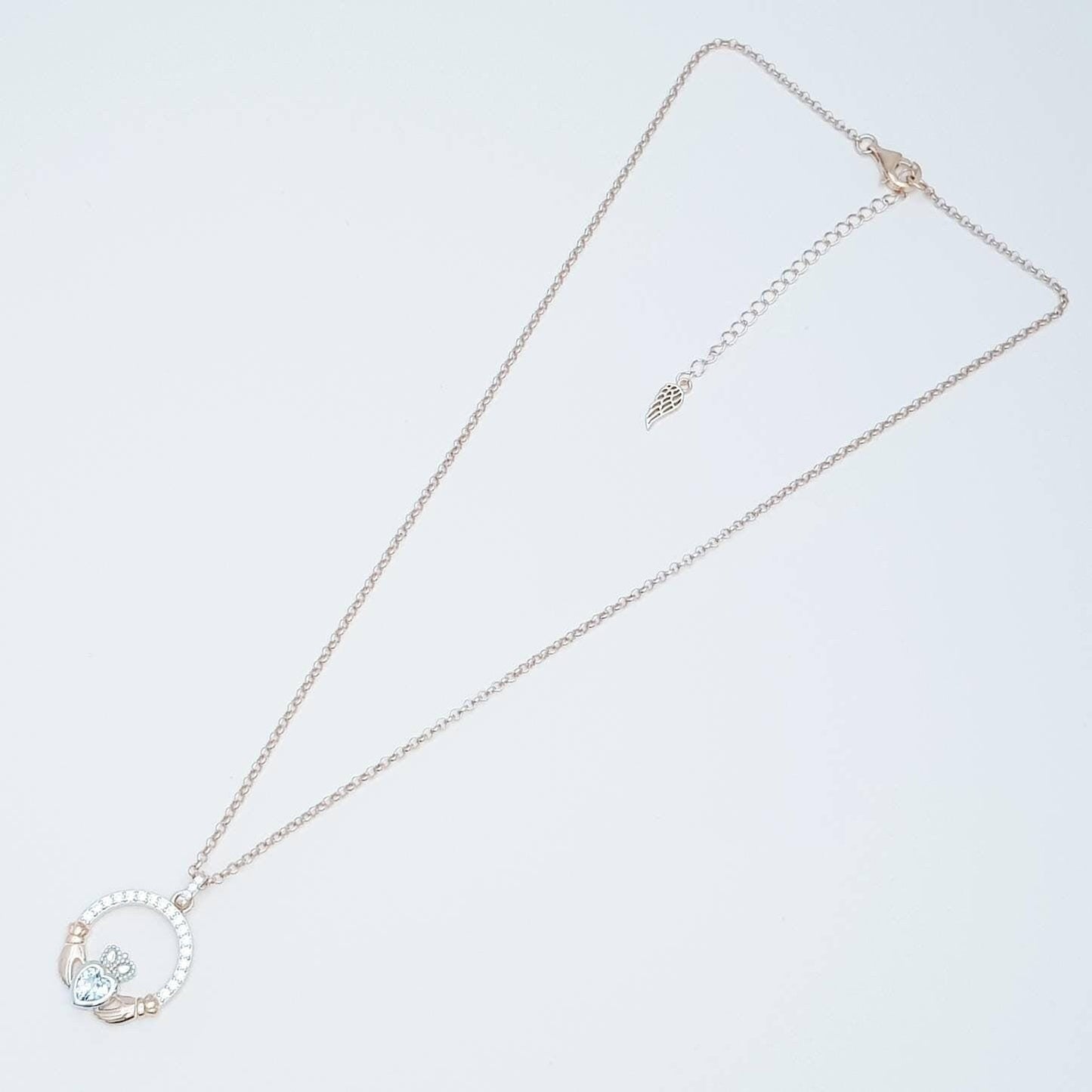 Aquamarine Claddagh pendant, claddagh necklace, rose gold claddagh pendant