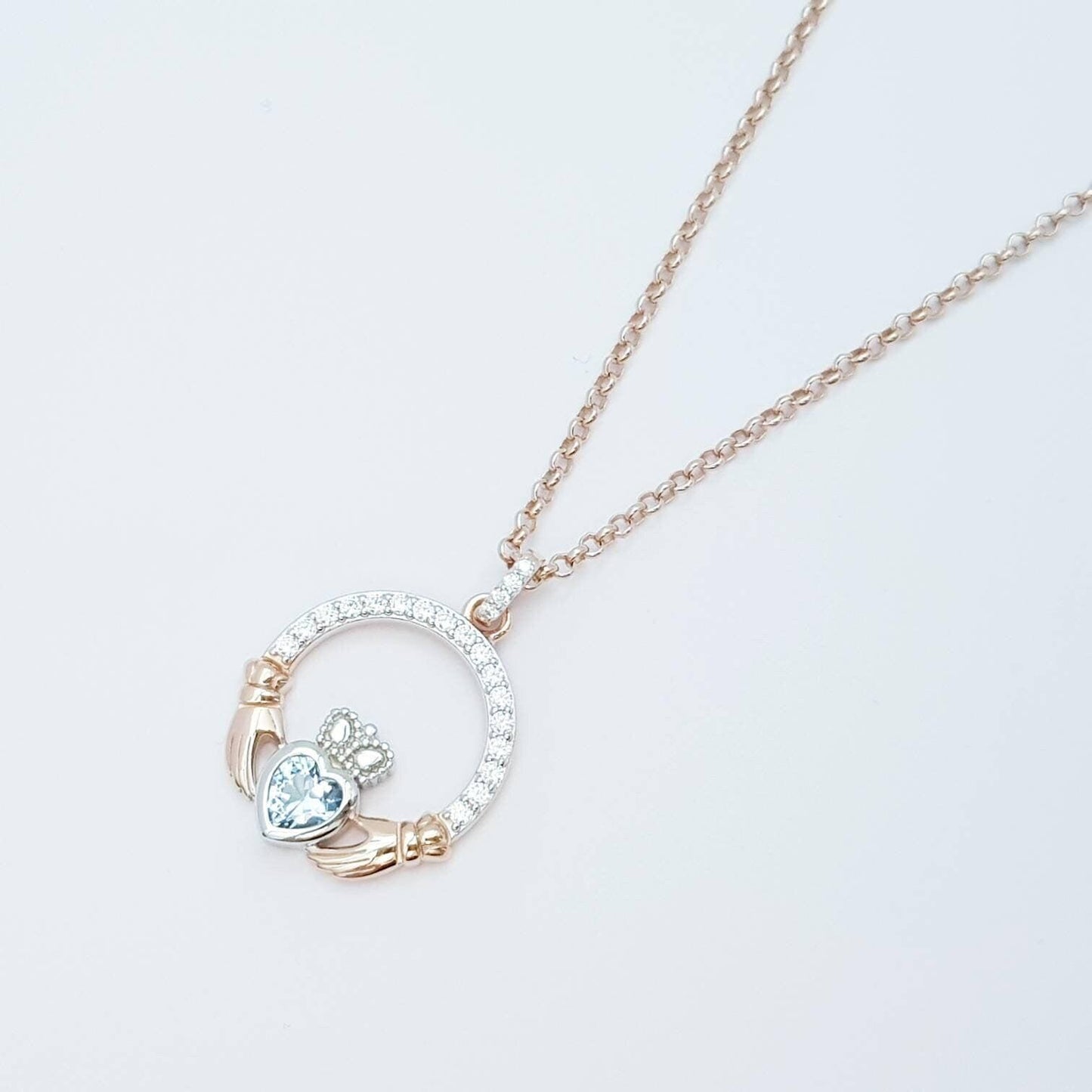 Aquamarine Claddagh pendant, claddagh necklace, rose gold claddagh pendant