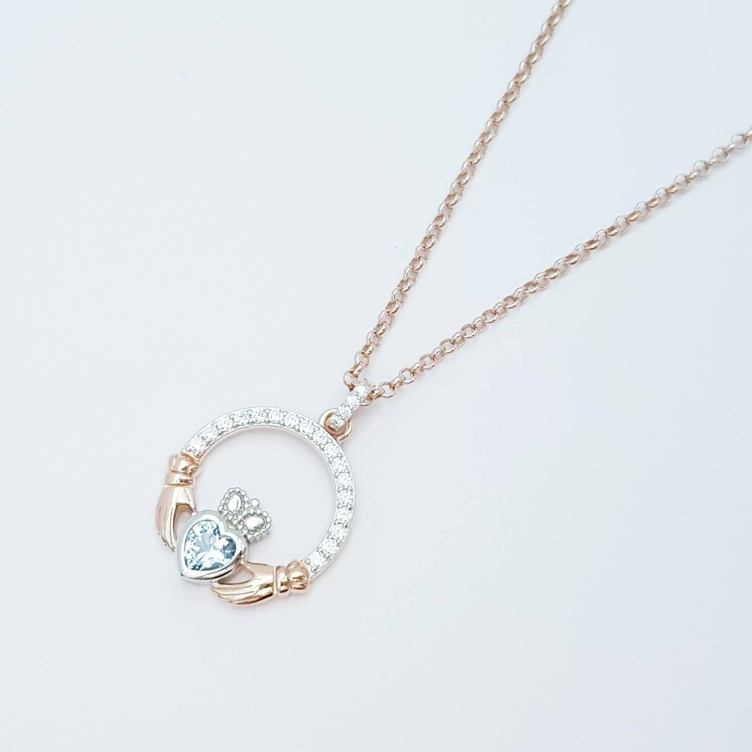 Aquamarine Claddagh pendant, claddagh necklace, rose gold claddagh pendant