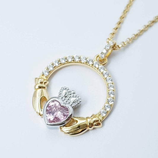Pink Claddagh pendant, Irish claddagh necklace from Galway, Ireland, silver and gold claddagh pendant