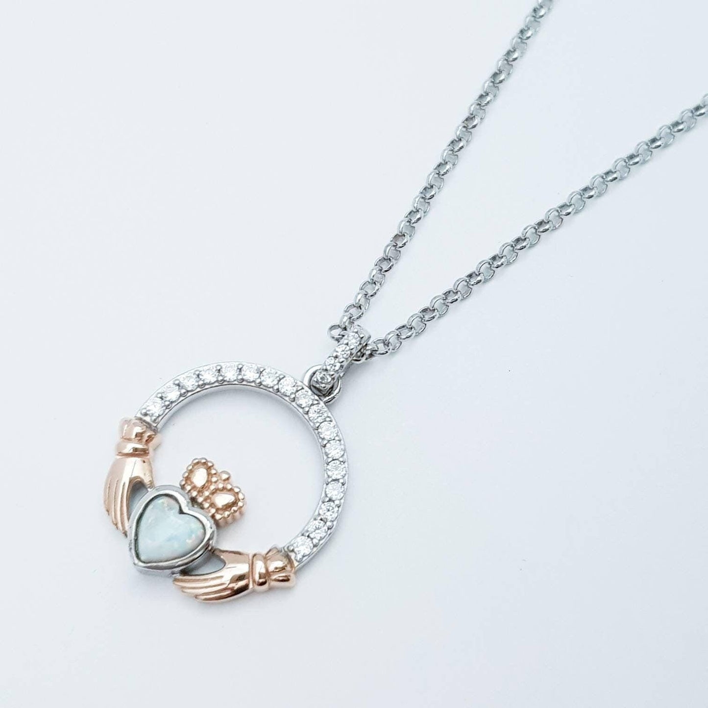 White Opal Claddagh pendant, claddagh necklace, rose gold claddagh pendant October birthstone