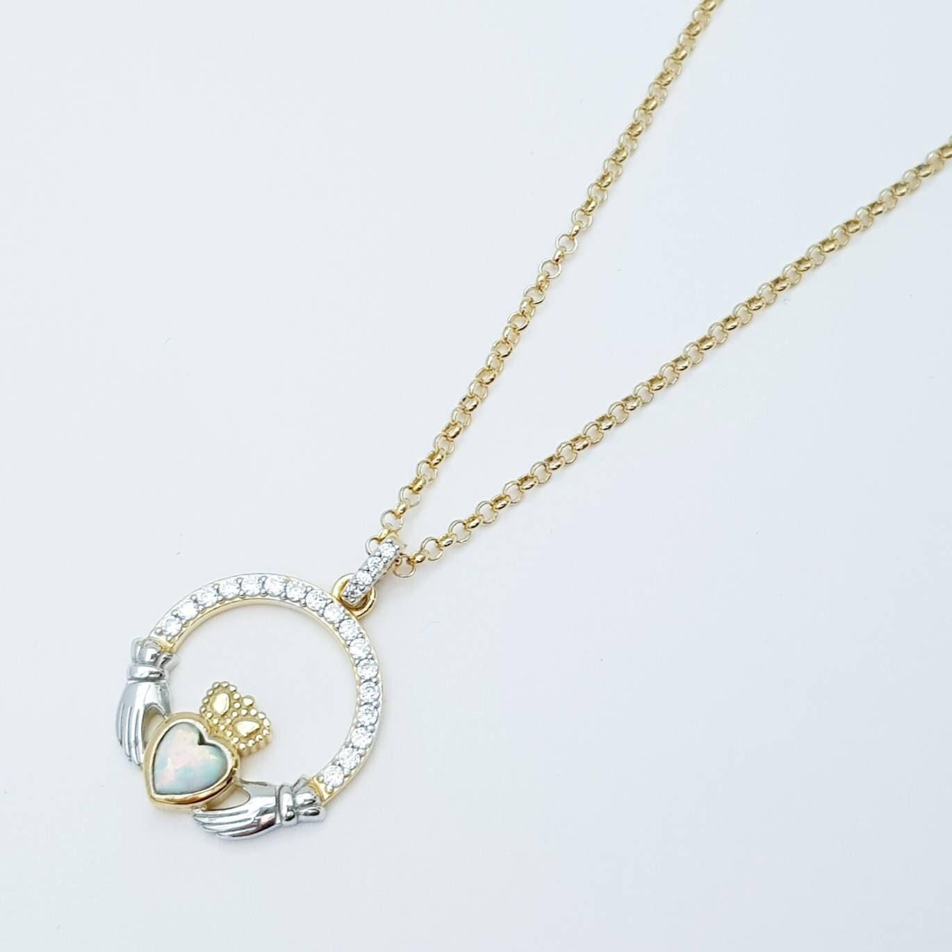 White Opal Claddagh pendant, claddagh necklace, yellow gold claddagh pendant October birthstone