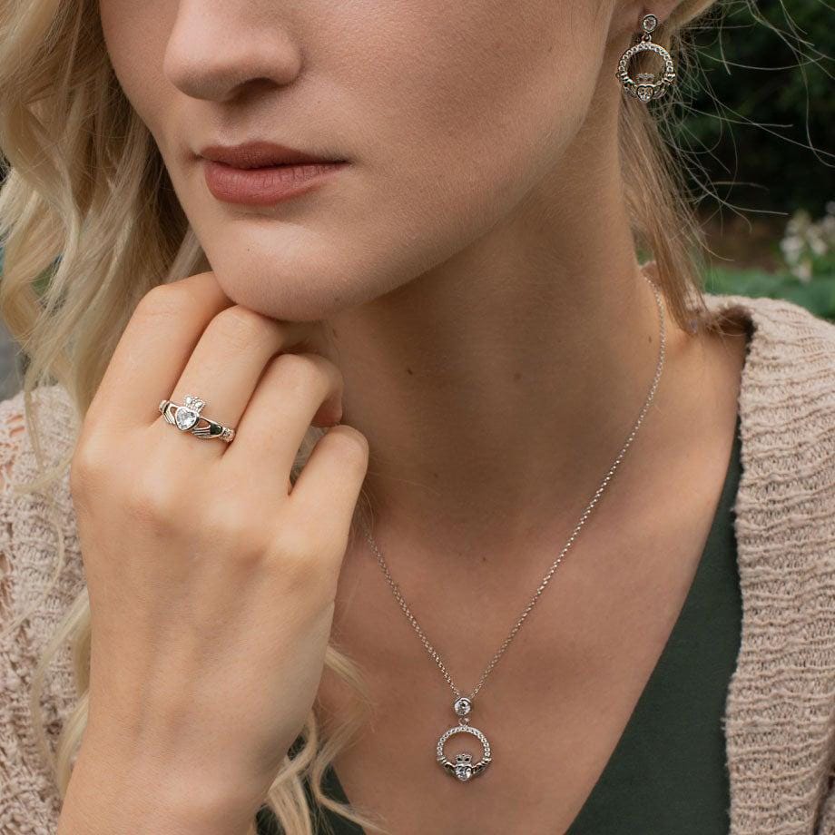 Silver Claddagh pendant, diamond white april birthstone claddagh necklace, Silver Claddagh pendant