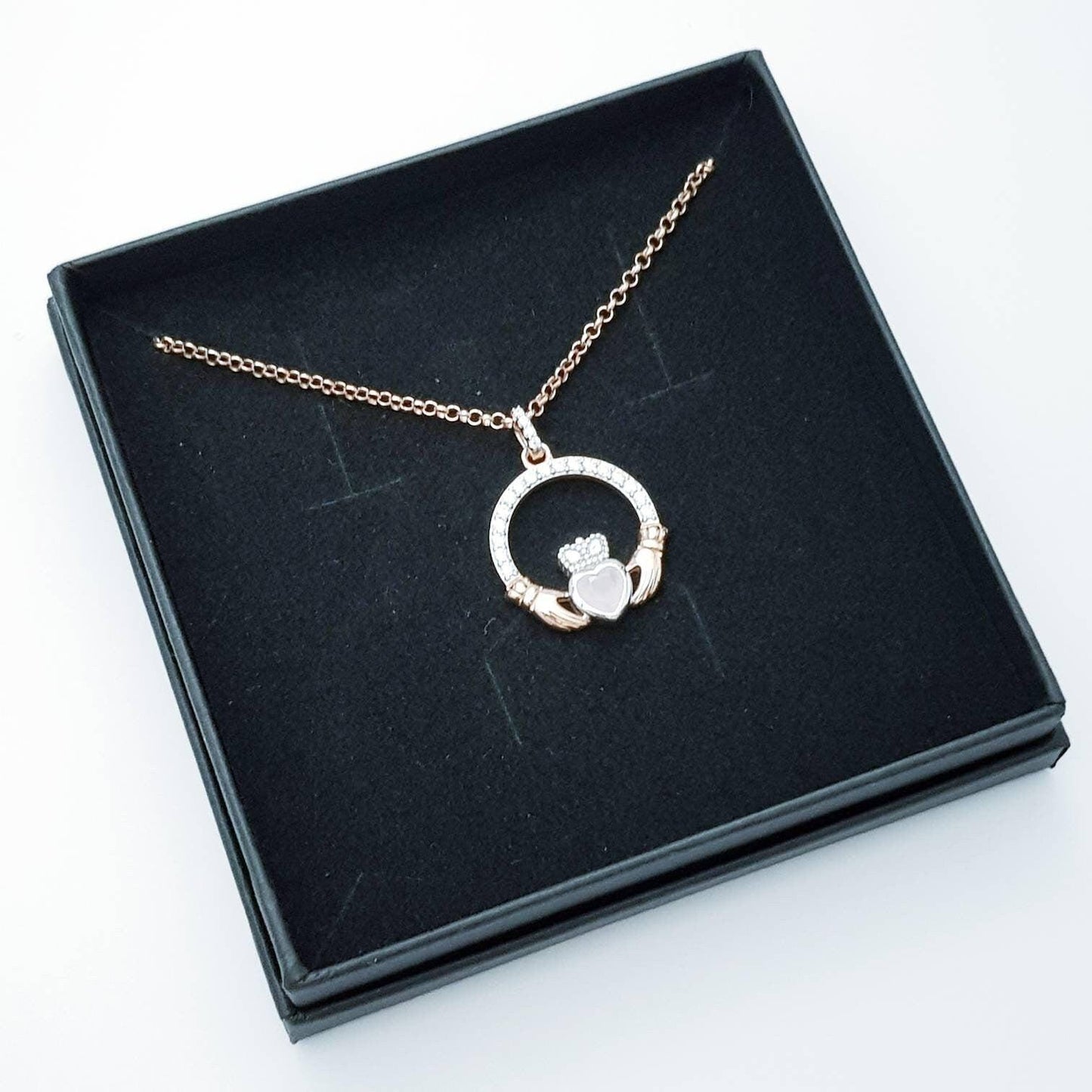 Pink Claddagh pendant, two tone claddagh necklace from Galway, Ireland, silver and rose gold claddagh pendant