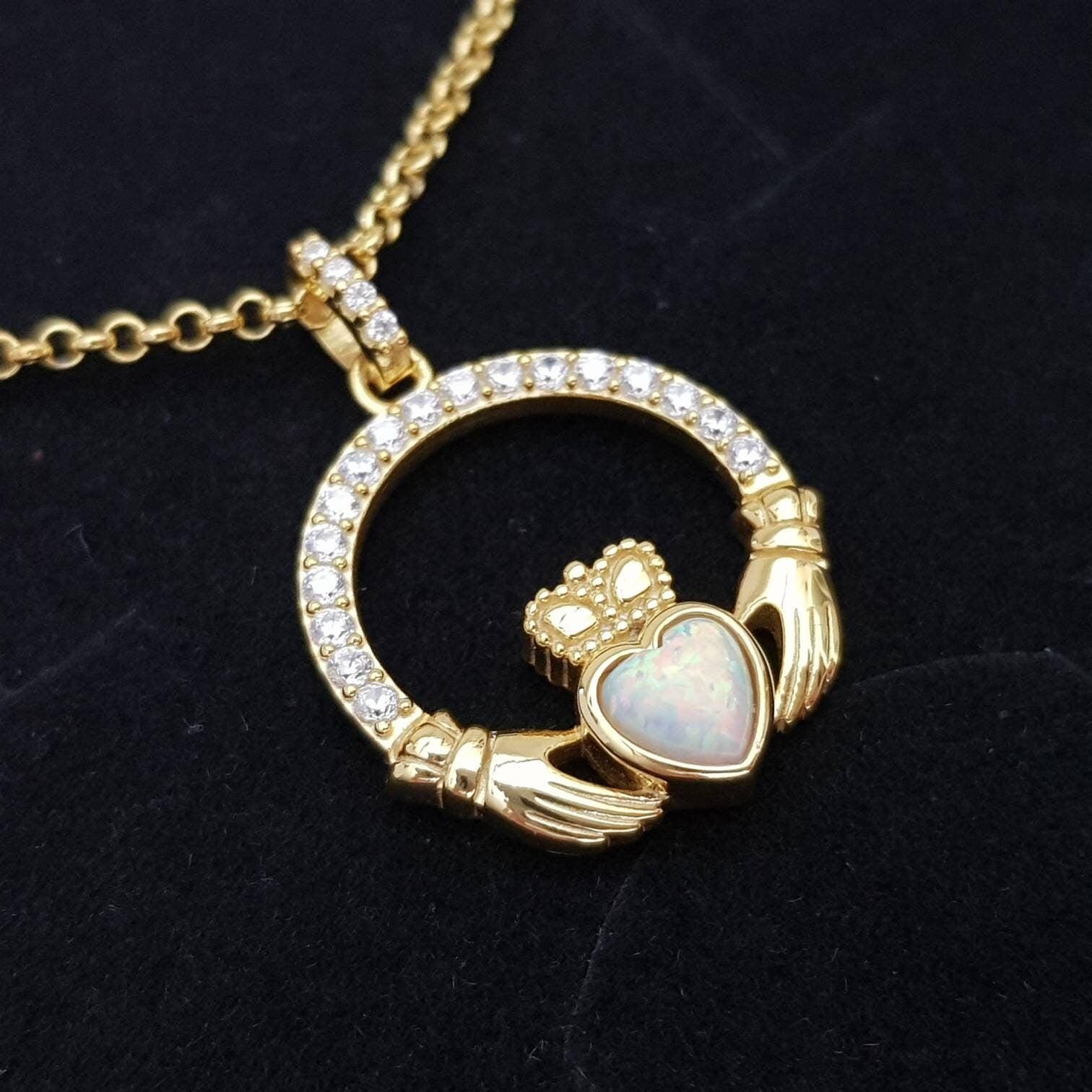 Opal Claddagh pendant, claddagh necklace, yellow gold claddagh pendant October birthstone