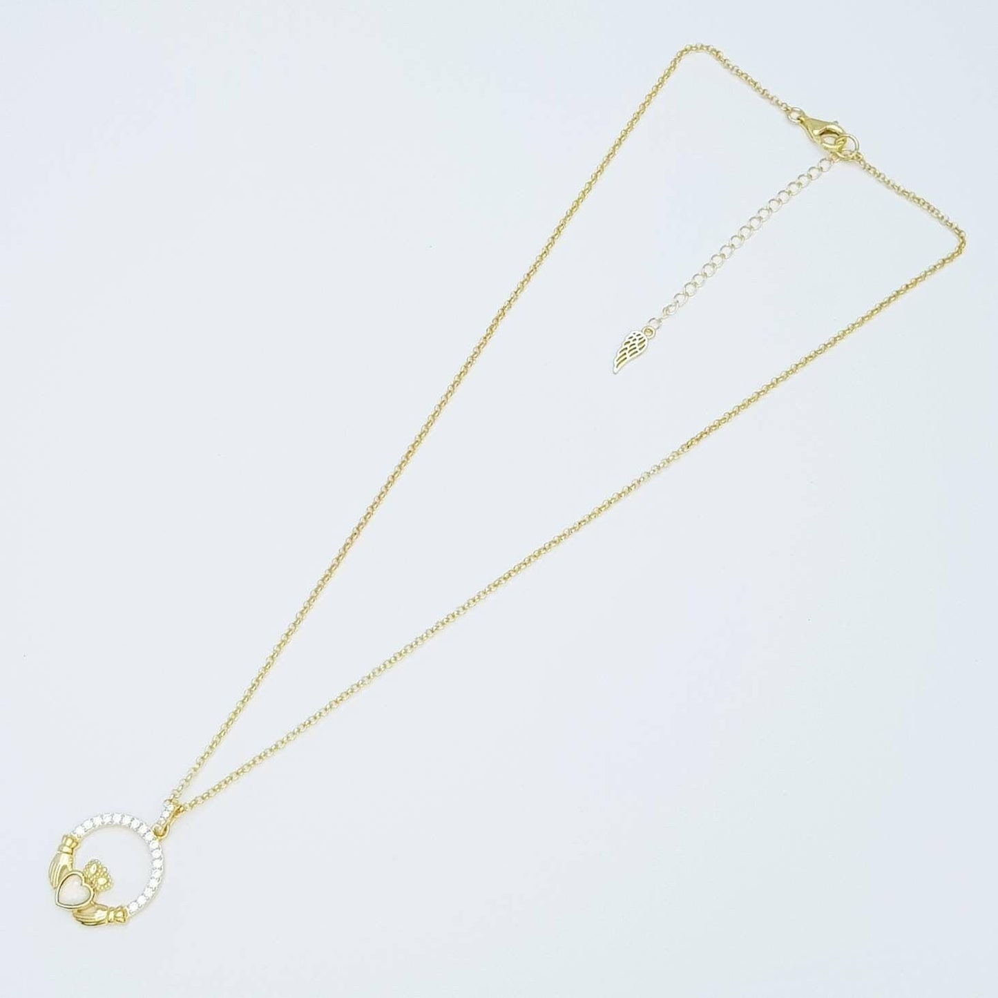 Opal Claddagh pendant, claddagh necklace, yellow gold claddagh pendant October birthstone