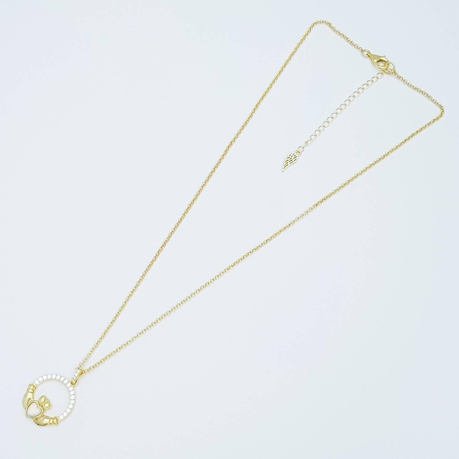 Opal Claddagh pendant, claddagh necklace, yellow gold claddagh pendant October birthstone