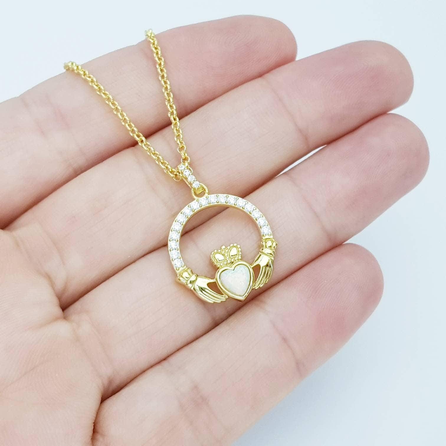 Opal Claddagh pendant, claddagh necklace, yellow gold claddagh pendant October birthstone