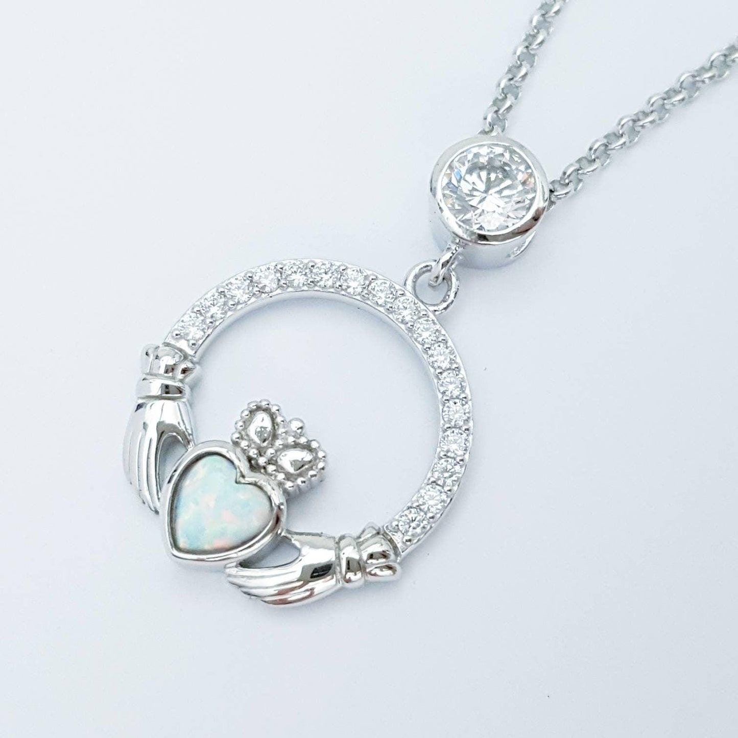 Opal Claddagh pendant, claddagh necklace, yellow gold claddagh pendant October birthstone