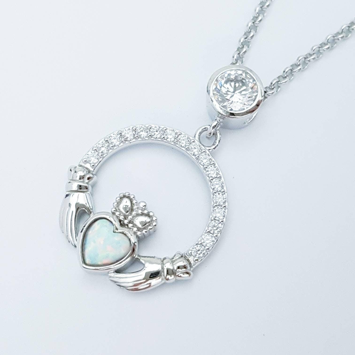 Opal Claddagh pendant, claddagh necklace, yellow gold claddagh pendant October birthstone