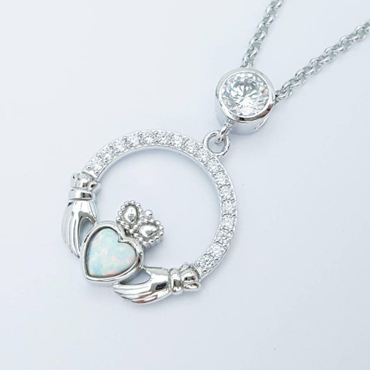 Opal Claddagh pendant, claddagh necklace, yellow gold claddagh pendant October birthstone