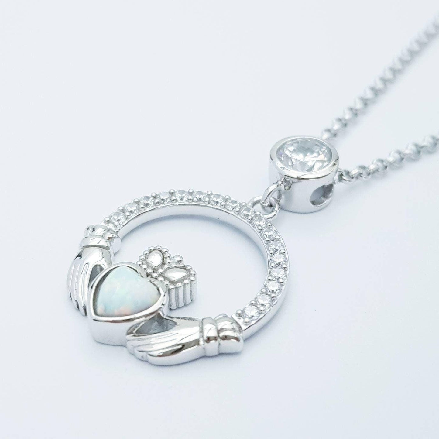 Opal Claddagh pendant, claddagh necklace, yellow gold claddagh pendant October birthstone