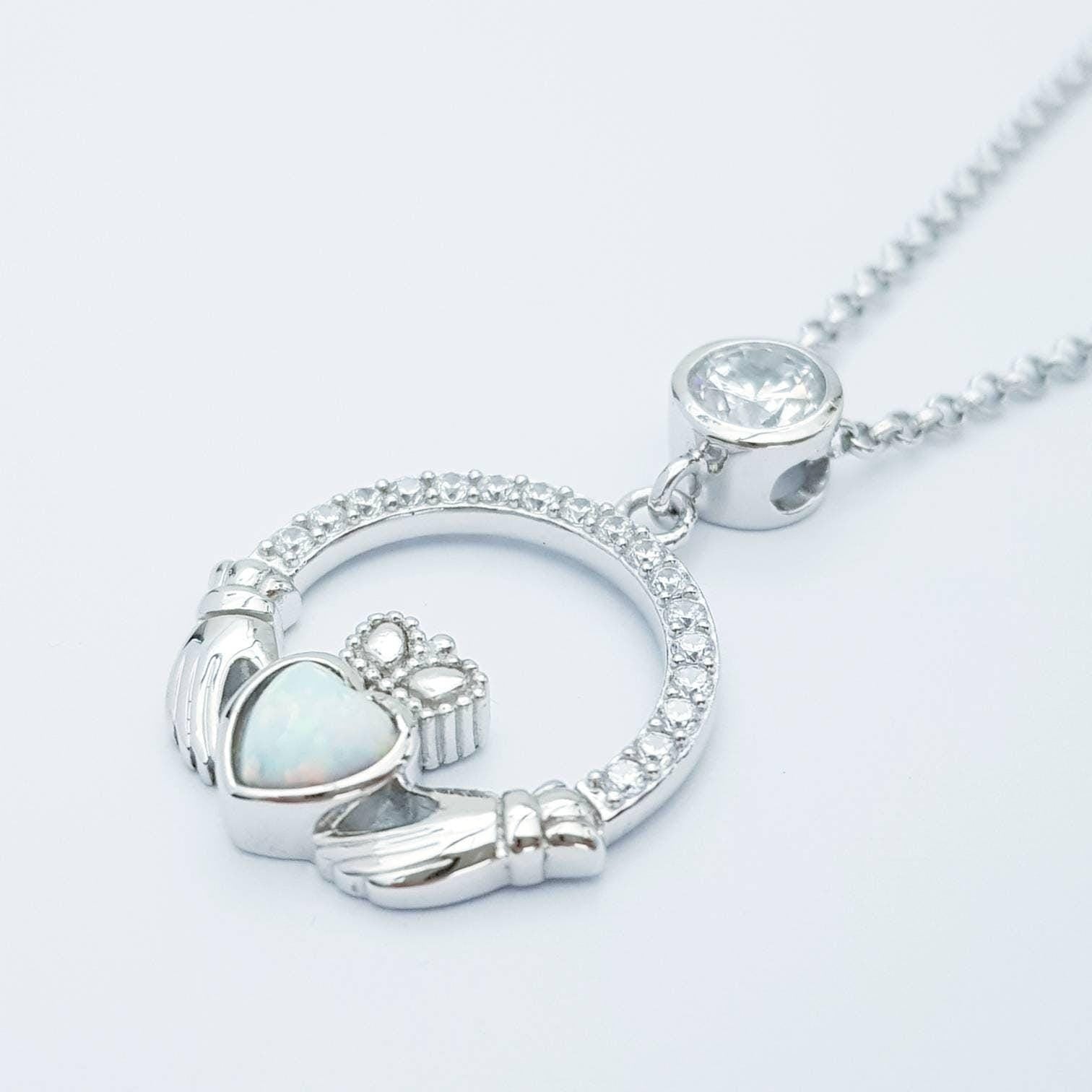 Opal Claddagh pendant, claddagh necklace, yellow gold claddagh pendant October birthstone