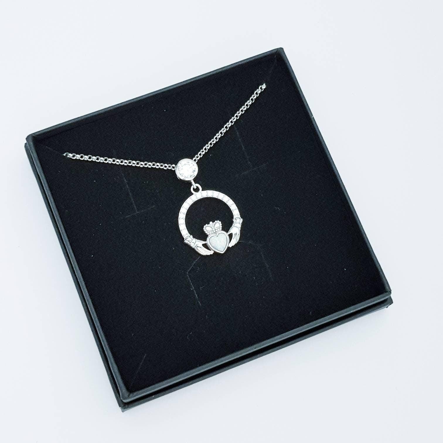 Opal Claddagh pendant, claddagh necklace, yellow gold claddagh pendant October birthstone