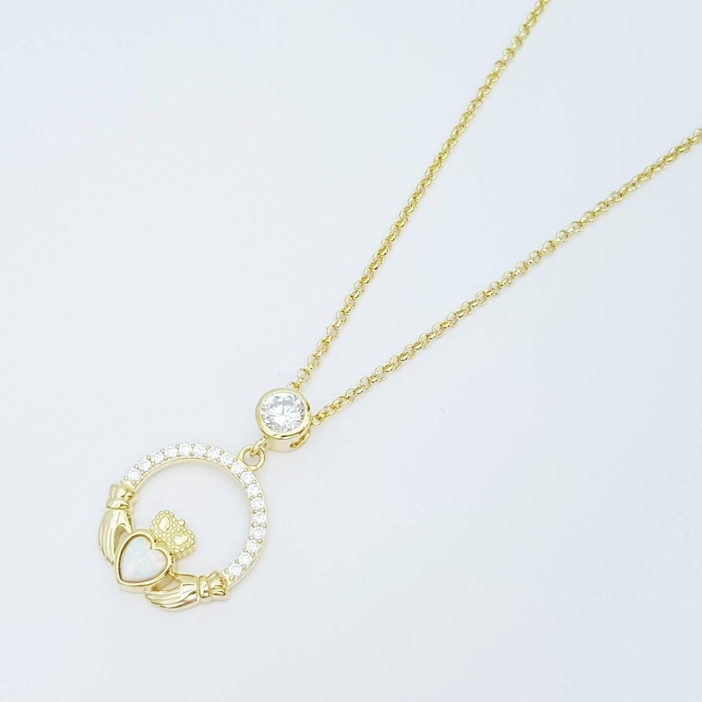 Opal Claddagh pendant, claddagh necklace, yellow gold claddagh pendant October birthstone