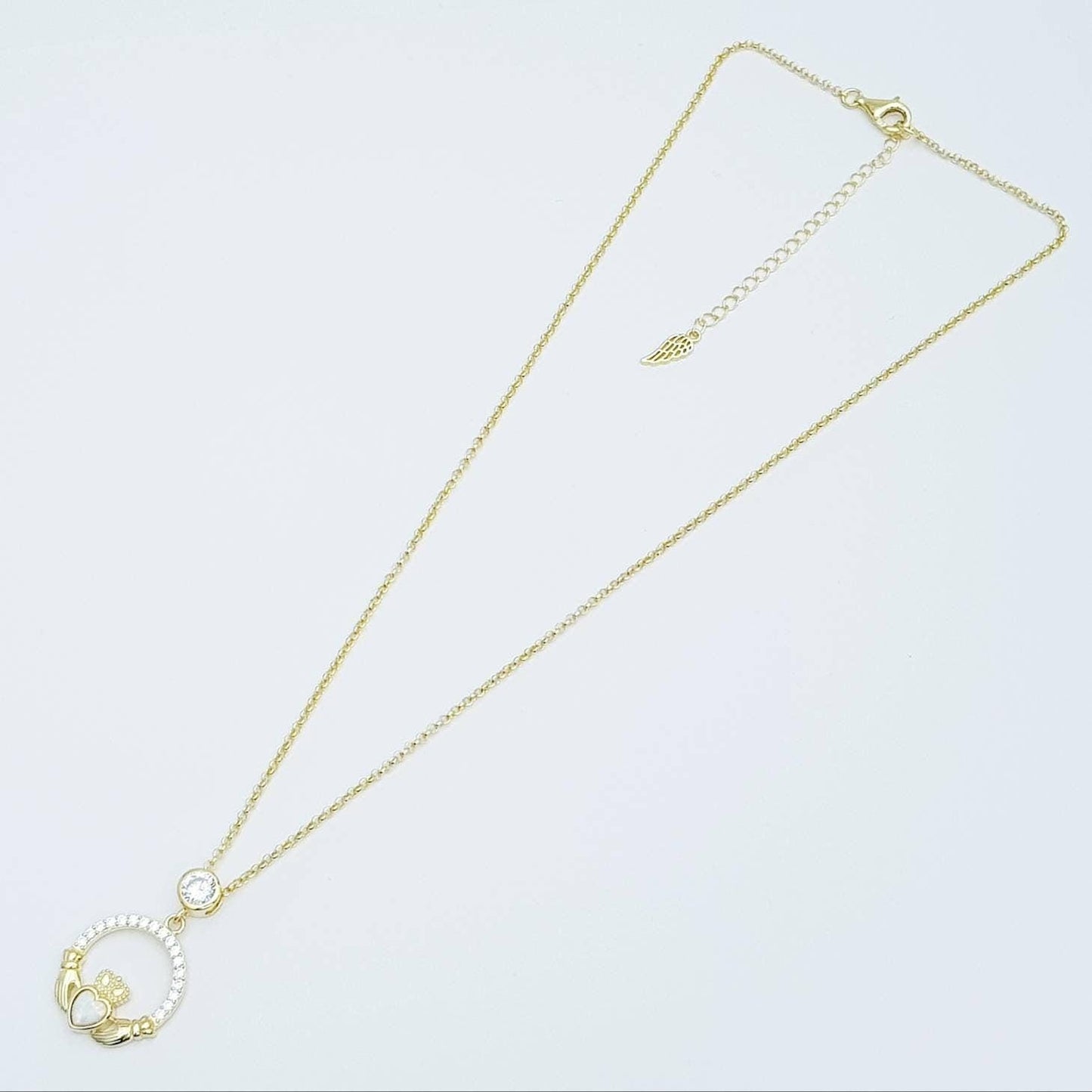 Opal Claddagh pendant, claddagh necklace, yellow gold claddagh pendant October birthstone