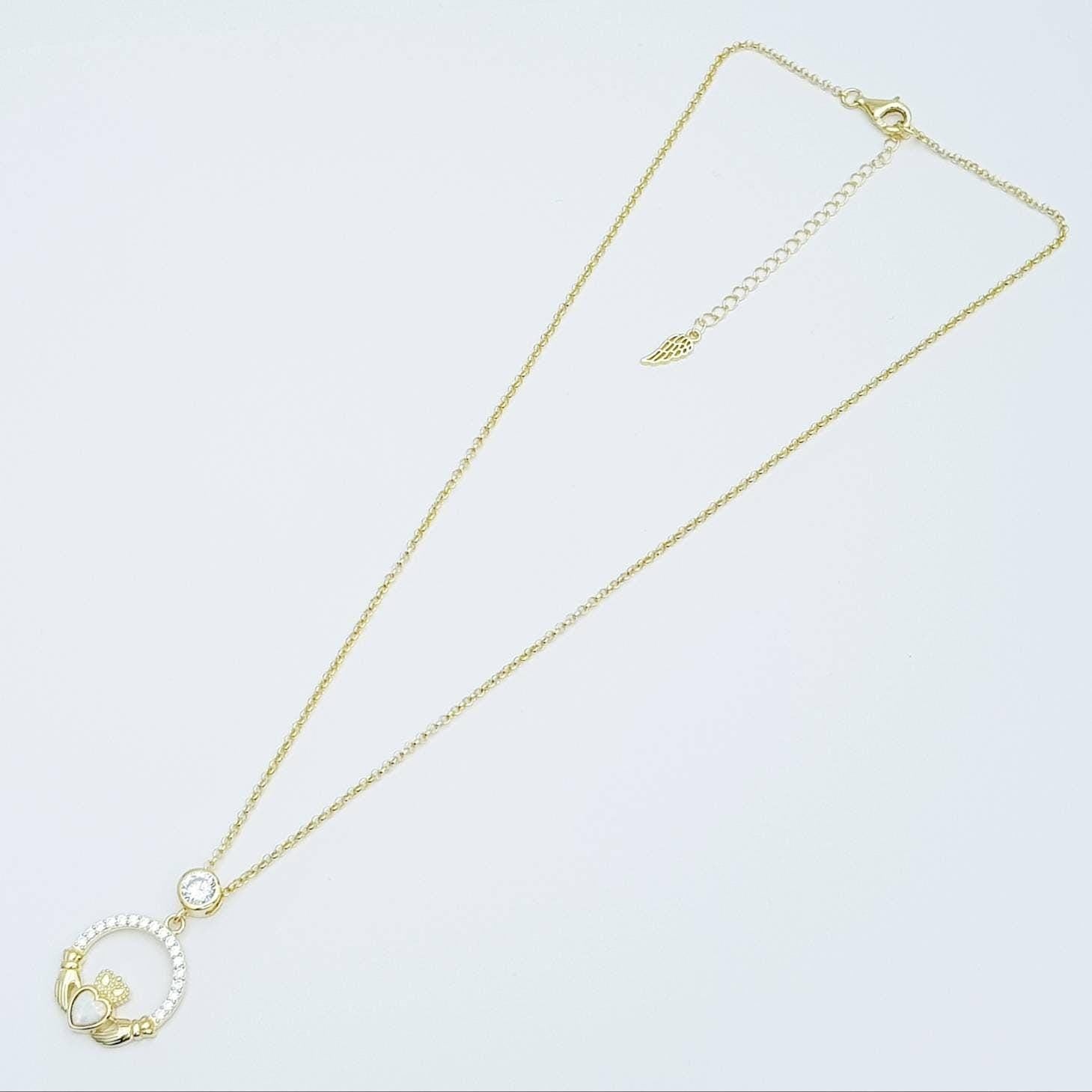 Opal Claddagh pendant, claddagh necklace, yellow gold claddagh pendant October birthstone