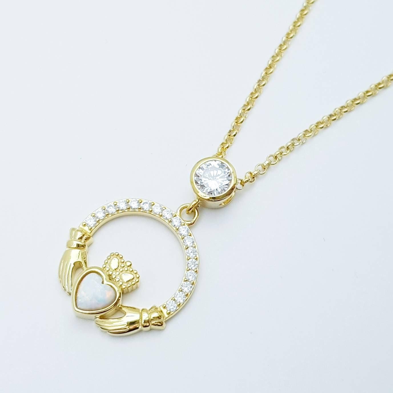 Opal Claddagh pendant, claddagh necklace, yellow gold claddagh pendant October birthstone