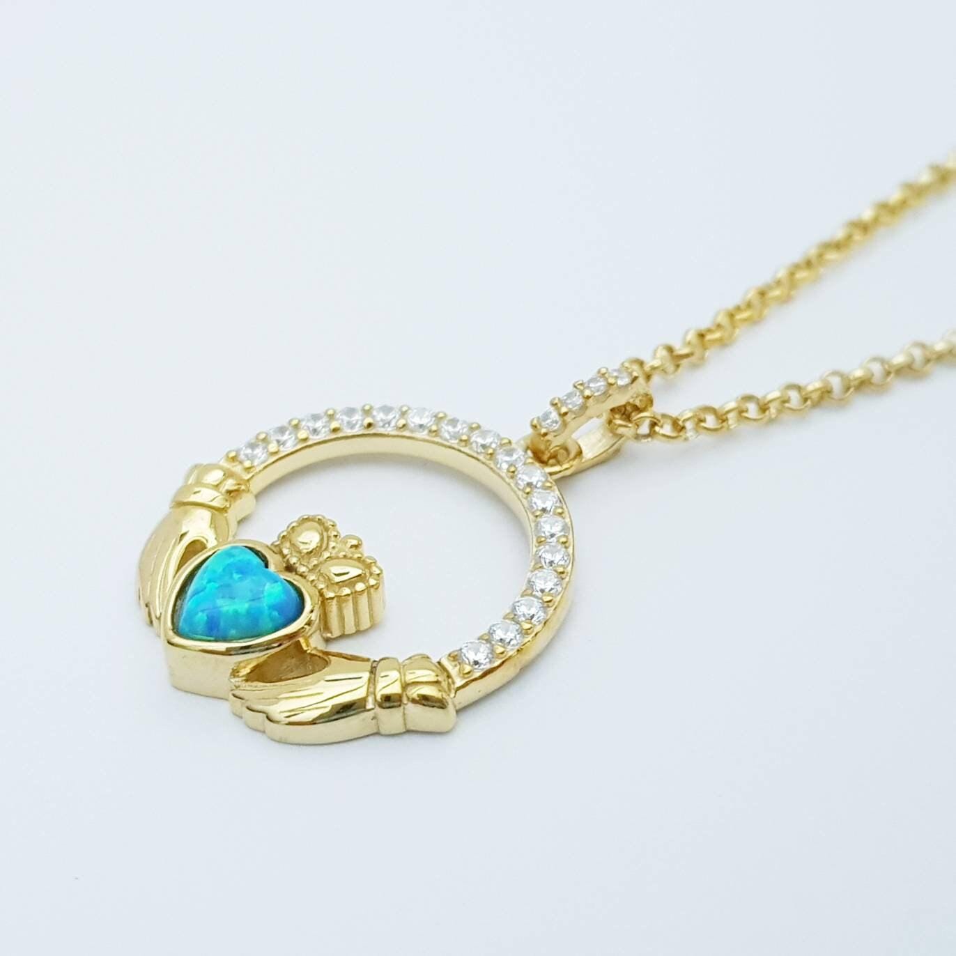 Opal Claddagh pendant, claddagh necklace, yellow gold claddagh pendant October birthstone