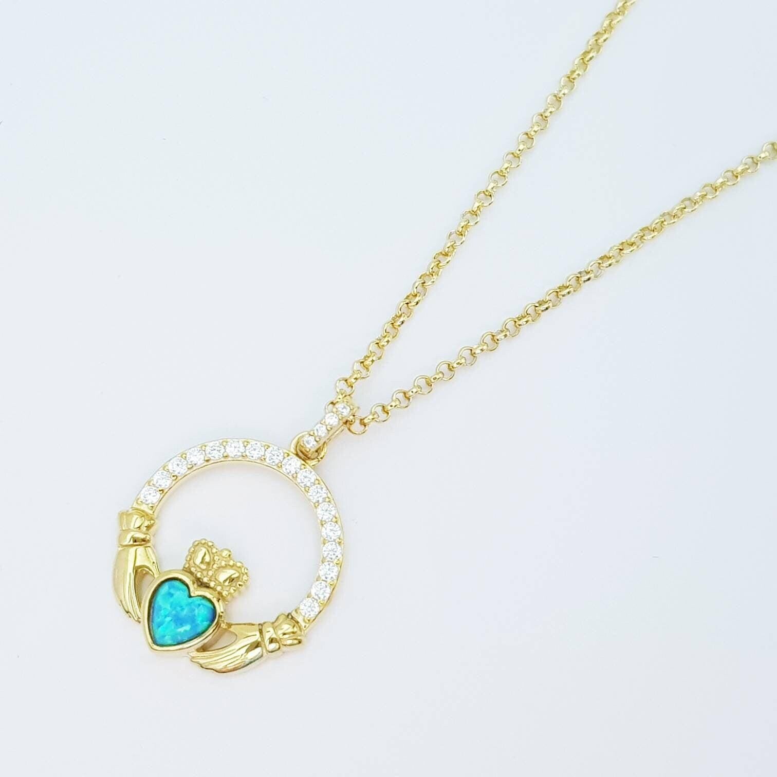 Opal Claddagh pendant, claddagh necklace, yellow gold claddagh pendant October birthstone