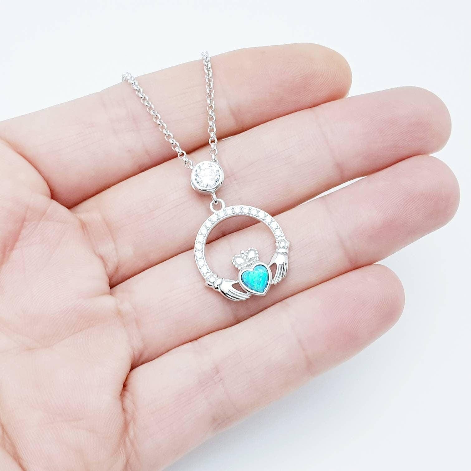 Opal Claddagh pendant, claddagh necklace, sterling silver opal jewelry