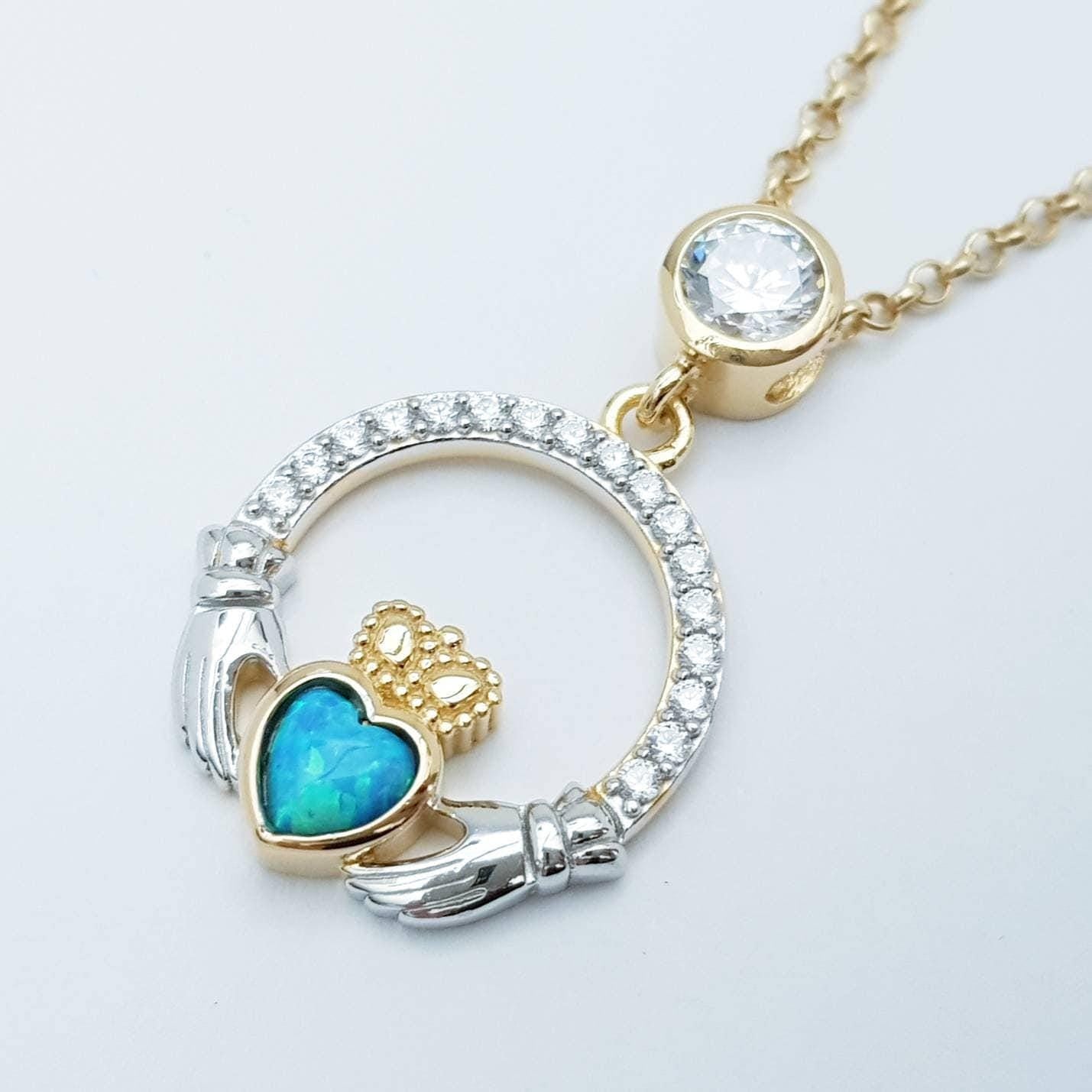 Opal Claddagh pendant, claddagh necklace, yellow gold claddagh pendant October birthstone