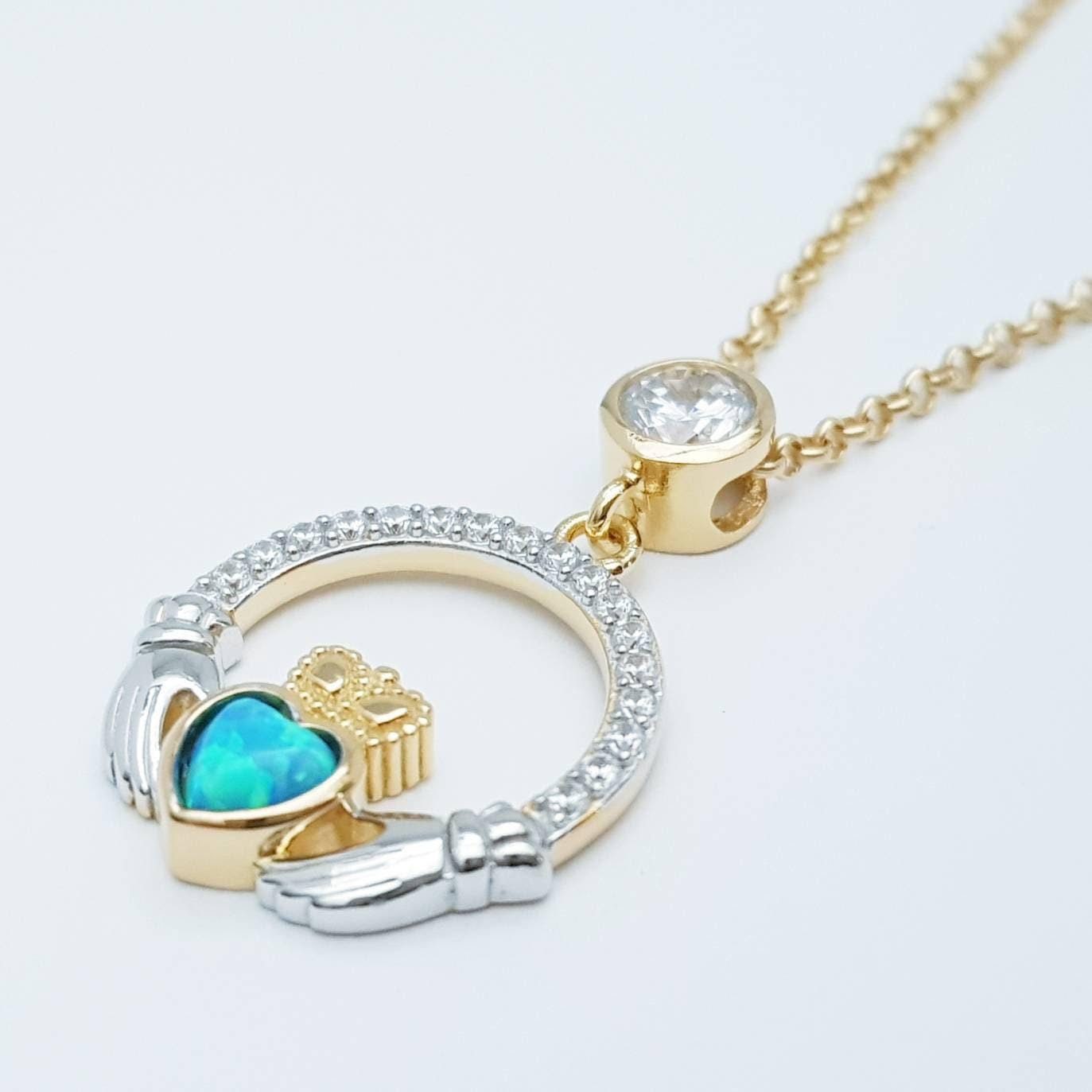 Opal Claddagh pendant, claddagh necklace, yellow gold claddagh pendant October birthstone