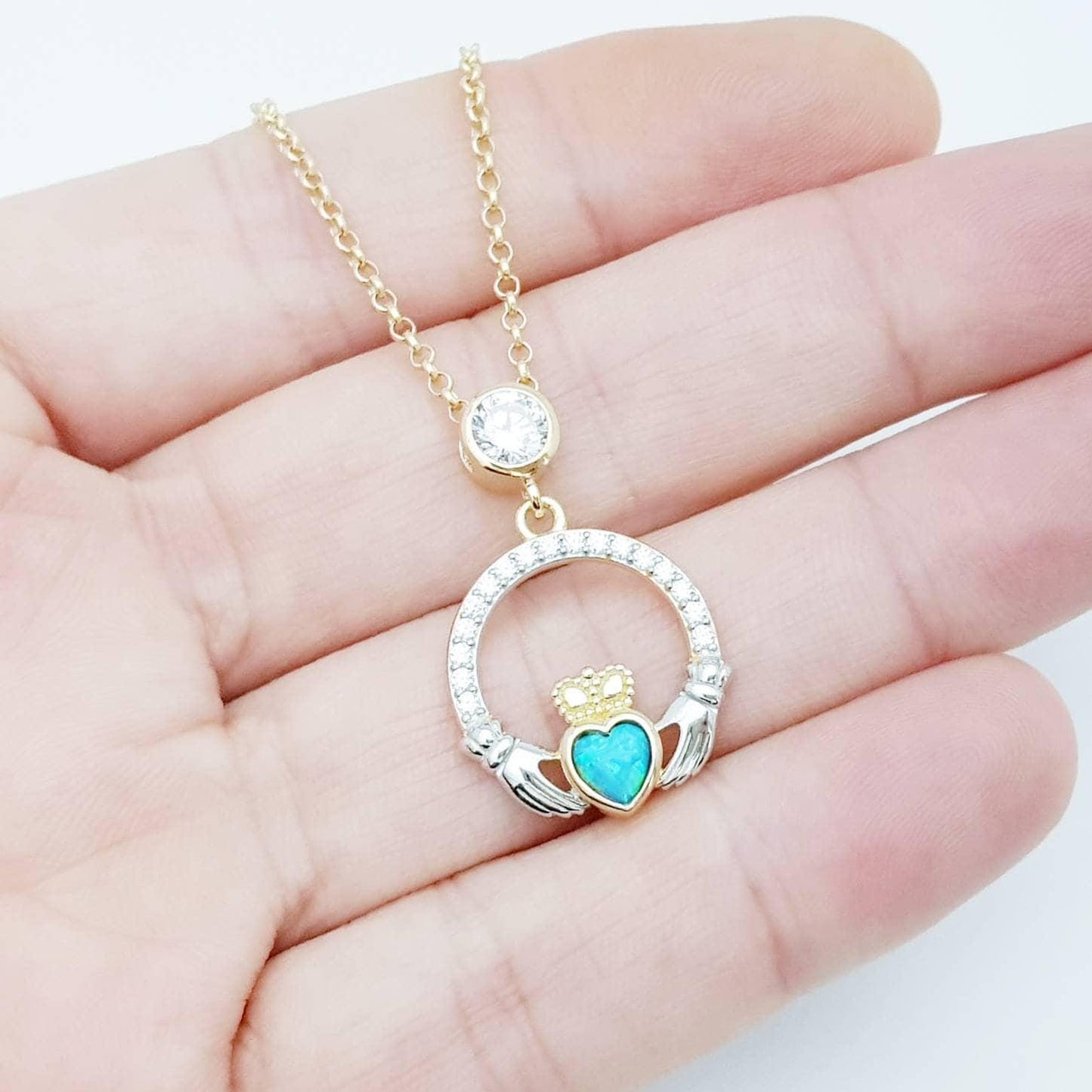 Opal Claddagh pendant, claddagh necklace, yellow gold claddagh pendant October birthstone