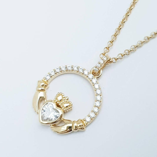 Sterling silver yellow gold claddagh necklace, irish necklace with gold plating