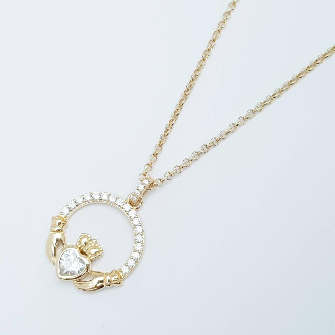 Sterling silver yellow gold claddagh necklace, irish necklace with gold plating
