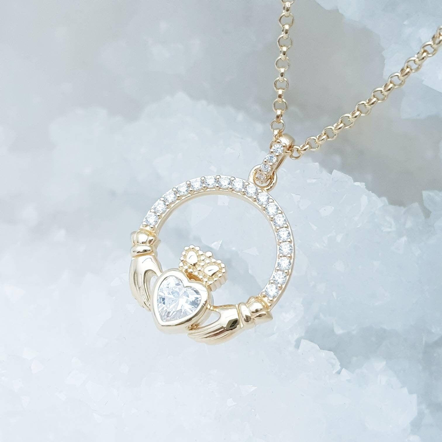 Sterling silver yellow gold claddagh necklace, irish necklace with gold plating