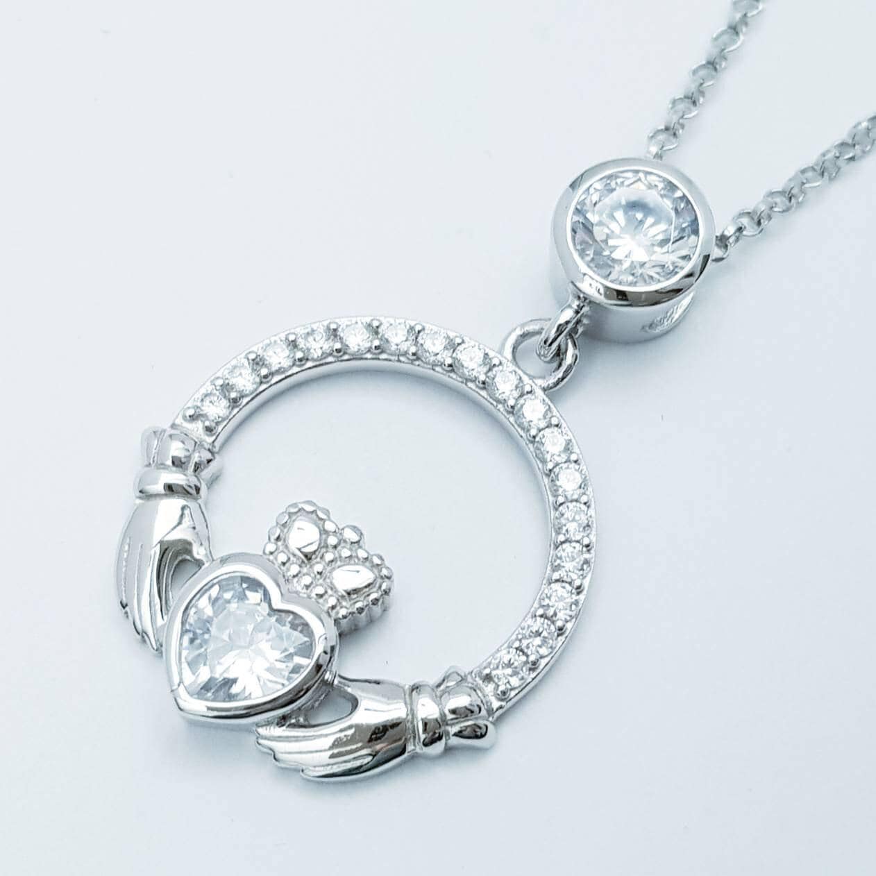 Silver Claddagh pendant, diamond white april birthstone claddagh necklace, claddagh celtic pendant