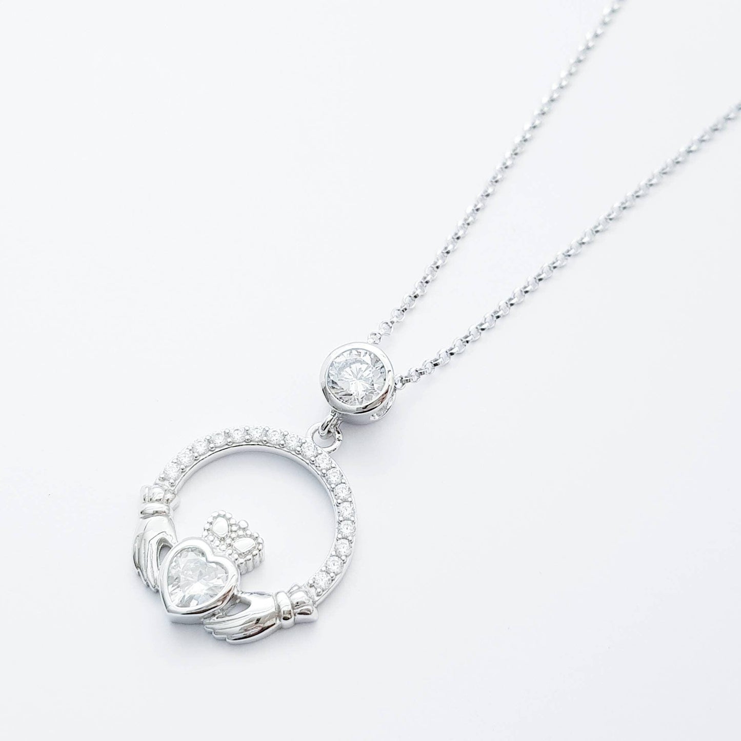 Silver Claddagh pendant, diamond white april birthstone claddagh necklace, claddagh celtic pendant