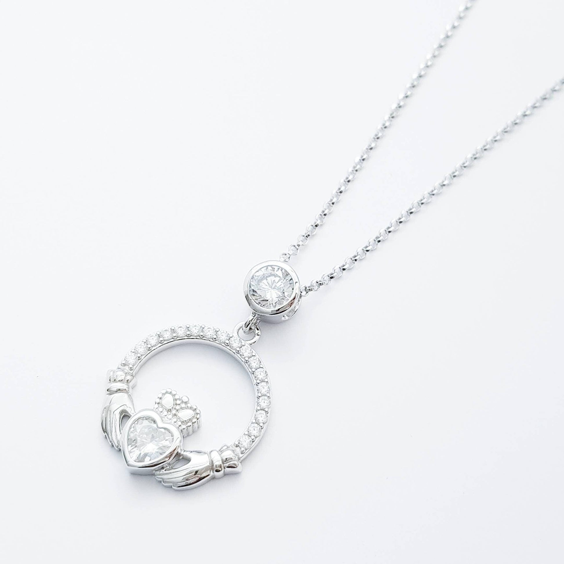 Silver Claddagh pendant, diamond white april birthstone claddagh necklace, claddagh celtic pendant