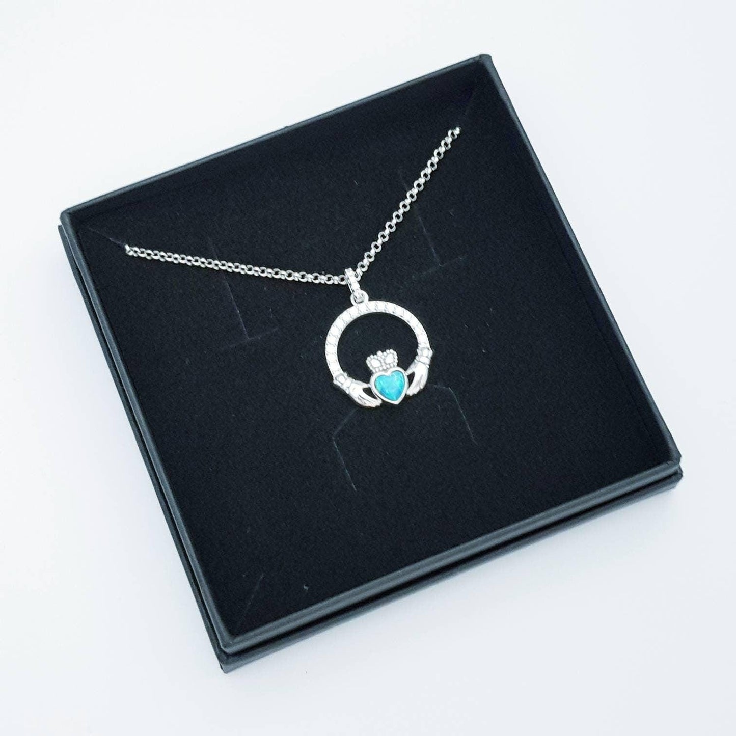 Opal Claddagh pendant, claddagh necklace, sterling silver claddagh pendant