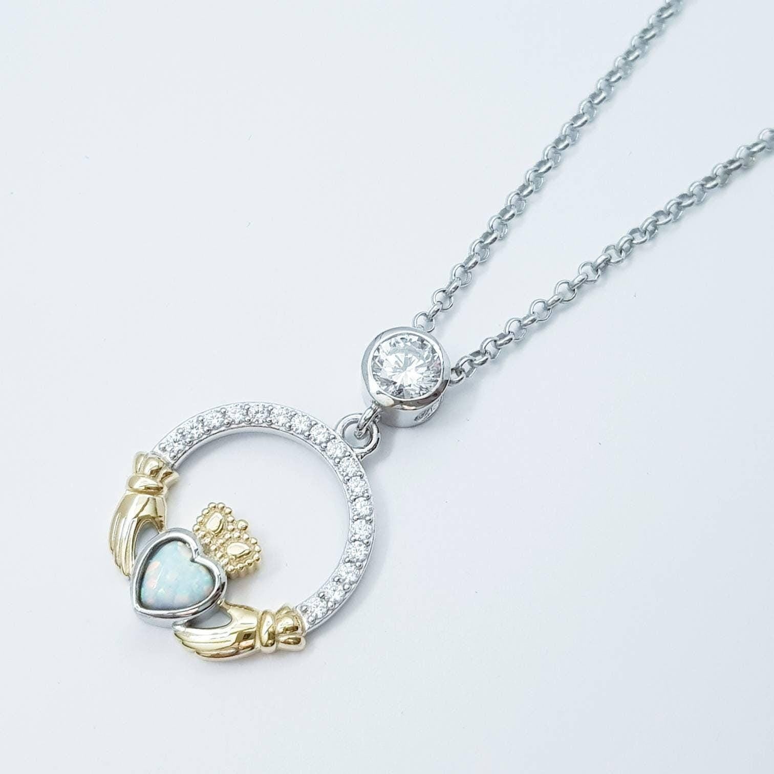 White Opal Claddagh pendant, claddagh necklace, yellow gold claddagh pendant October birthstone