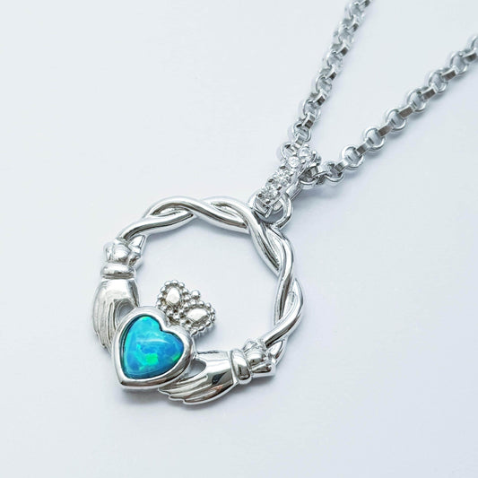 Dainty Sterling Silver claddagh necklace set with Opal