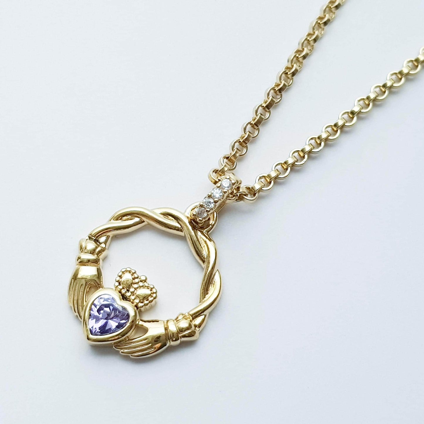 Gold plated sterling silver claddagh necklace set with Amethyst February birthstone
