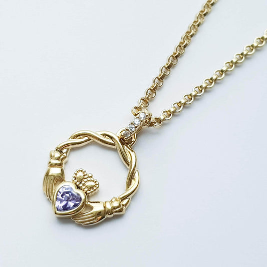 Gold plated sterling silver claddagh necklace set with Amethyst February birthstone