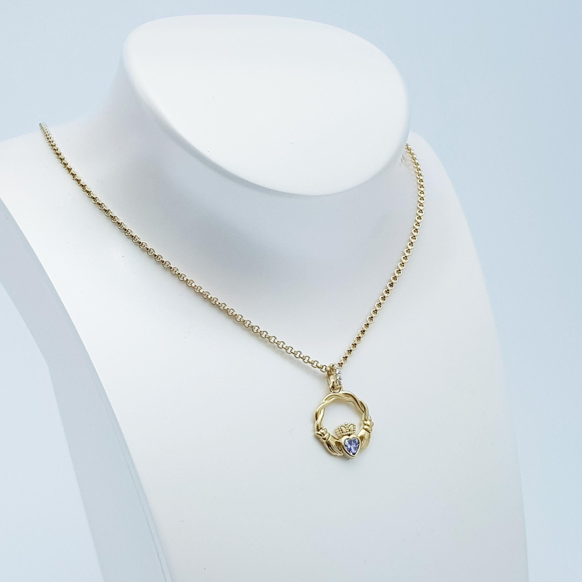 Gold plated sterling silver claddagh necklace set with Amethyst February birthstone