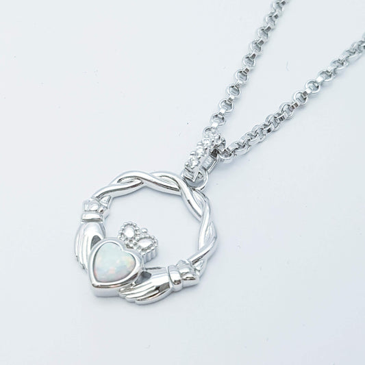 Dainty Sterling Silver claddagh necklace set with Opal