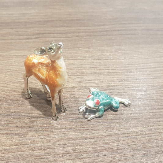 Reserved for Karen *** Sterling Silver & Hand-Painted Enamel Frog & Deer Animals
