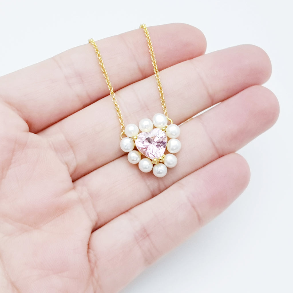 The Jade Necklace - Pink heart with halo of Pearls